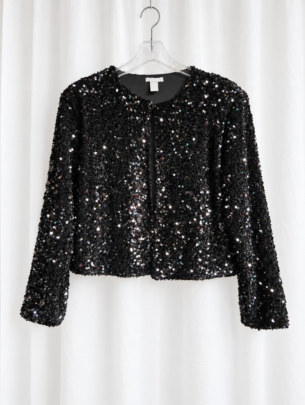 H&M Black Sequin Collarless Lined Cropped Eveningwear Long Sleeve Topper Jacket